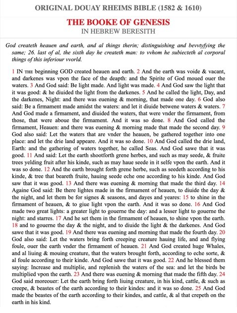 originaldouayrheims.com website showing Genesis in original spelling